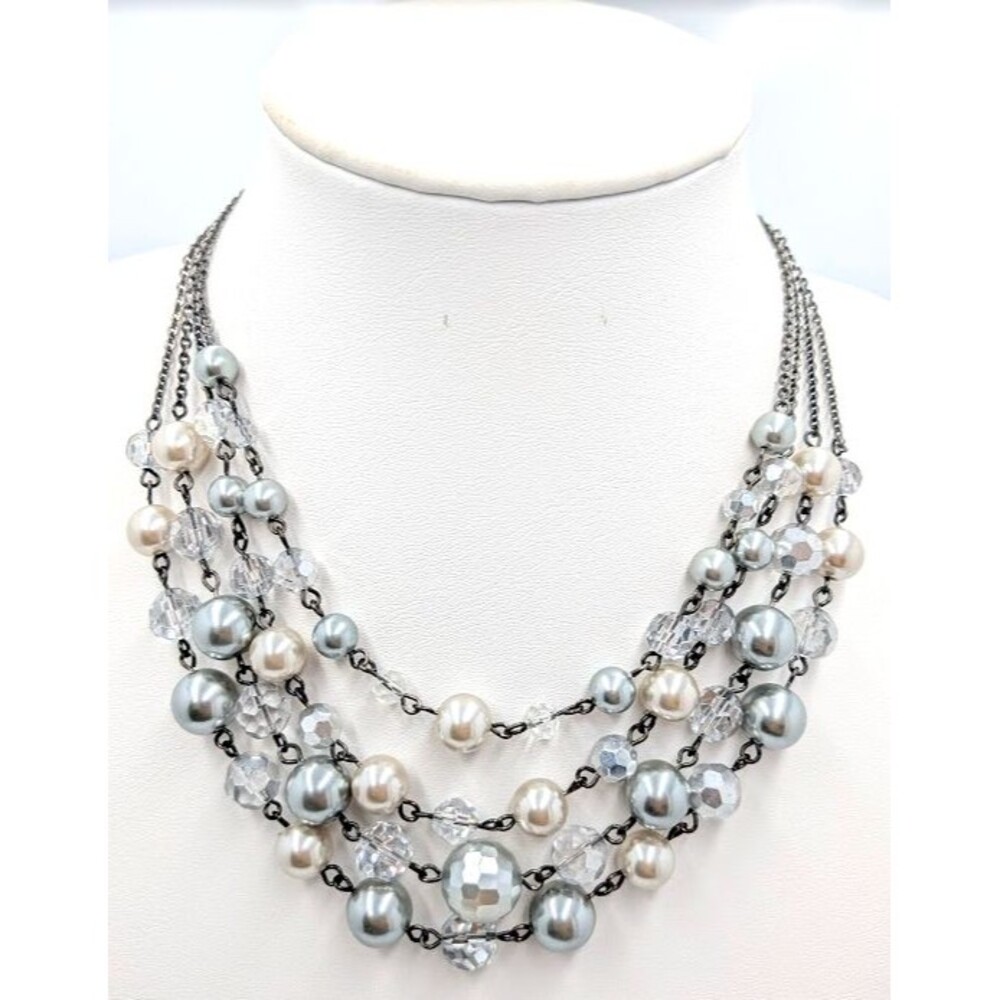 Lia Sophia Signed Necklace 4 Strand Faux Pearl Clear Beads Silver Tone 20 Inch